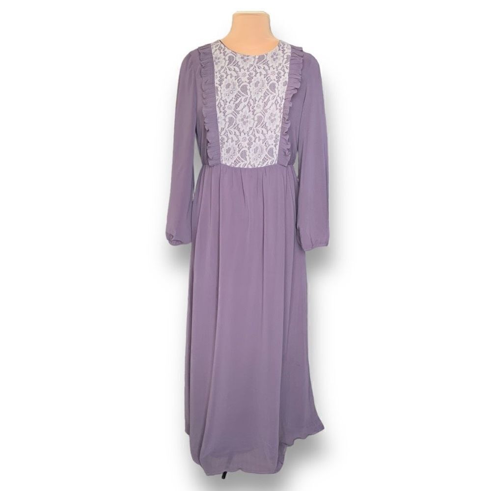 Poplook Coretta Lace Maxi Dress Lilac White Flowy Floral Long Sleeve Ruffle
